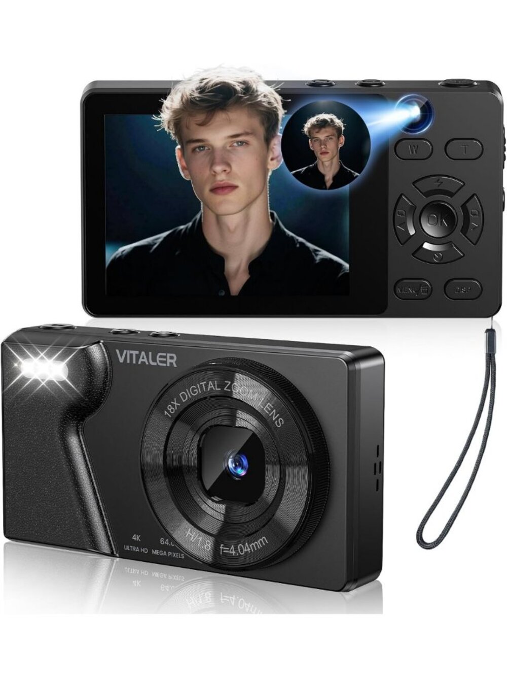 64MP 4K Digital Camera, Dual Lens, Autofocus, Durable Metal Shell, No Card